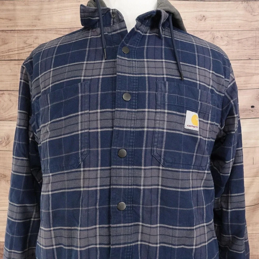 Carhartt Jacket Mens M Blue Plaid Hooded Fleece Lined Snap Front Relaxed Fit